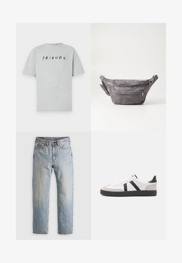 Camiseta de algodón gris con mangas cortas que presenta la palabra "AMIGOS" en negro, acentuada con puntos de colores en una fuente casual.; Jeans de mezclilla azul claro de cintura alta, con botón frontal, cremallera y diseño de cinco bolsillos, dispuestos sobre un fondo neutro.; Zapatilla blanca con acentos en negro y gris, que presenta una puntera texturizada en gris, suela de goma negra y cordones planos blancos. Diseño limpio, estilo minimalista.; Riñonera de ante gris con forma redondeada, dos compartimentos con cremallera y correa ajustable. Presenta acentos de metal.