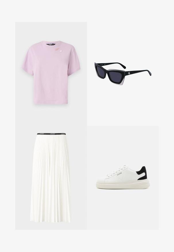 Gaiši purpura kokvilnas T-krekls ar apaļu kakla izgriezumu, īsām piedurknēm un smalku logotipa druku uz krūtīm. Nedaudz īsāks dizains.; Gari plānas baltas svārku ar melnu elastīgu jostu, uz kuras redzams "LACOSTE" logo. Vidēja garuma dizains ar mīkstu tekstūru.; Baltas ādas sporta apavi ar biezu balto zoli, melna zamša uzpura un izspiestais logotips sānos. Šņorējuma dizains ar sešiem acu caurumiem.; Melni pārmēru saulesbrilles ar ģeometrisku formu, kas aprīkotas ar tumšiem stikliem un kontrastējošu pelēku akcentu uz rāmja. Logo uz kājas.