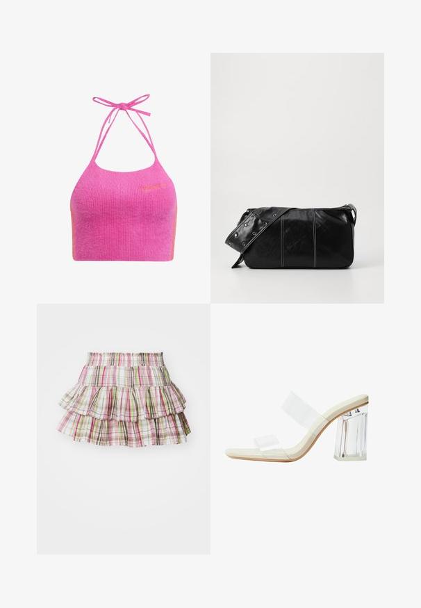 Rózsaszín, rövidített halter top, puha, bordázott textúrával, spagetti pántokkal és narancssárga részletekkel. Elöl hímzett logóval rendelkezik.; Pliszettelt szoknya rugalmas derékkal, rózsaszín, zöld és barna árnyalatú kockás mintával. Könnyű pamut anyag.; Átlátszó pántokkal, bézs talpbetéttel és vastag, átlátszó tömbsarokkal rendelkező, áttetsző sarokkal készült szandálok. Simább, letisztult dizájn, minimalista esztétikával.; Fekete bőr válltáska, cipzárral zárva, texturált felülettel, fehér varrással és ezüst fémgyűrűs pánttal.