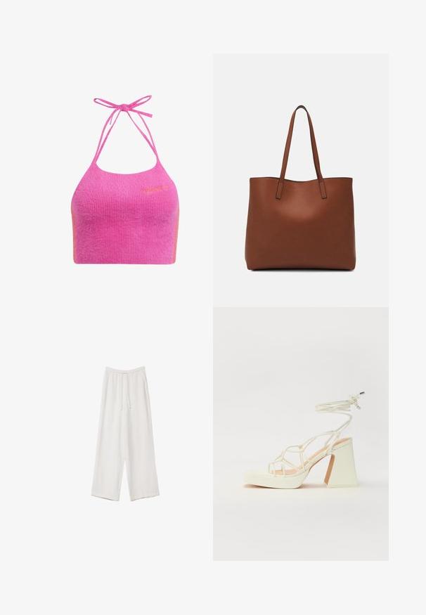 Růžový zkrácený halter top v jemné, žebrované textuře se spaghetti ramínky a oranžovým akcentem. Na přední straně je vyšitý logo značky.; Bílé široké kalhoty vyrobené z lehké tkaniny. Mají elastický pas se šňůrkou a boční kapsy. Hladká textura.; Bílé sandály na vysokém podpatku s robustním podpatkem, s designem s pásky a zavazováním kolem kotníku. Hladký povrch s platformou vpředu pro zvýšení výšky.; Hnědá kožená taška přes rameno s hladkou texturou, otevřeným designem a dvěma ramenními popruhy. Obsahuje minimální švy a žádné viditelné kovové prvky.