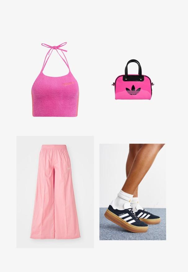 Vaaleanpunainen lyhyt halterneck-toppi pehmeässä, ribbimäisessä kankaan tekstuurissa, jossa on ohuet olkaimet ja oranssi korostus. Edessä brodeerattu brändilogo.; Vaaleanpunaiset leveät housut, jotka on valmistettu kevyestä kankaasta. Niissä on joustava vyötärö ja huomaamattomat valkoiset sivuviivat. Pieni logo edessä.; Musta mokkanahkainen tennari, jossa valkoiset raidat ja yksityiskohdat, pyöreä kärki, purukumipohja, yhdistetty valkoisiin ribbineuleisiin nilkkasukkiin.; Vaaleanpunainen lakattu käsilaukku, jossa on musta logo ja kahvat, pyöreä muoto ja vetoketjusuljin. Kiiltävä pinta parantaa näkyvyyttä.