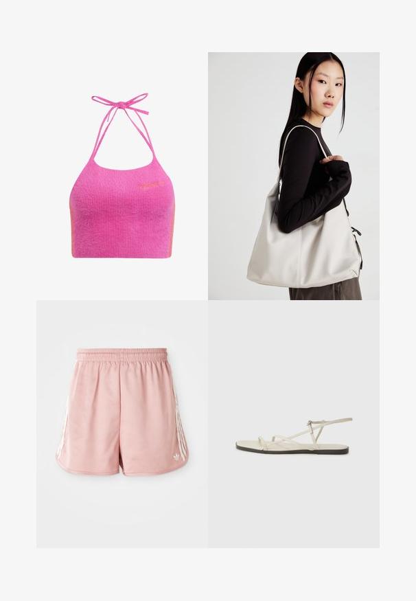 Rosa, kort haltertop i myk, ribbet tekstur med spaghetti-stropper og en oransje detalj. Har merkevaren sitt logo brodert på forsiden.; Rosa idrettsshorts med elastisk linning, hvit striping på siden og en liten logo nederst til venstre foran. Glatt stofftekstur.; Beige flate sandal med flere slanke stropper og en justerbar spenne. Sålen er flat med en svak mørk kontrast langs kanten.; Beige håndveske laget av mykt materiale, med en slapp design, sydd detaljer og to skulderstropper. Passer for daglig bruk.