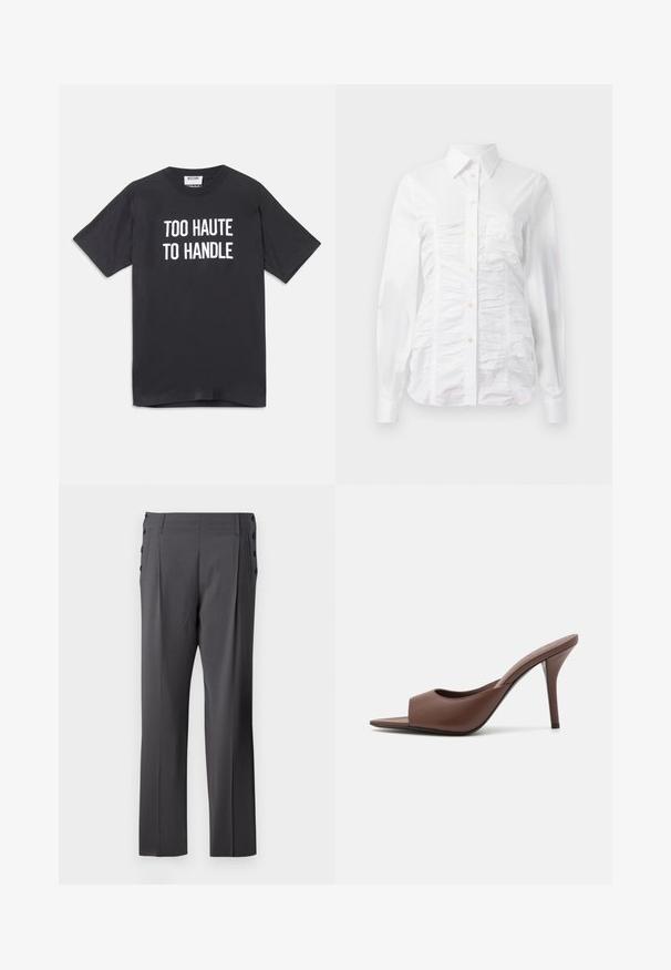 Fekete pamut póló rövid ujjakkal és kerek nyakkivágással, elöl fehér felirattal: "TÚL FORRÓ AHHOZ, HOGY KEZELNI TUDJUK".; Fehér, hosszú ujjú, gombos ing, amelynek az elején ráncos textúra található, kis arany gombokkal és hagyományos gallérral.; Szürke szabott nadrág, egyenes lábzattal, elülső redőkkel és díszes oldalsó gombokkal a részletesség fokozása érdekében. Sima szövettextúra.; Barna bőr nyitott orrú magassarkú papucs, letisztult dizájnnal, széles elülső pánttal és karcsú stiletto sarokkal.
