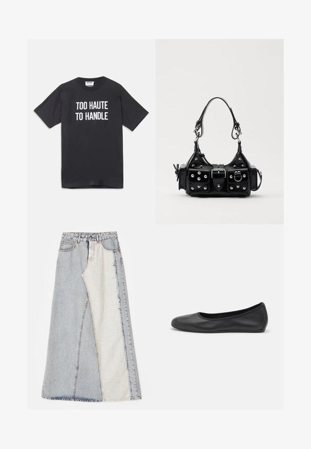 Camiseta de algodón negra con mangas cortas y cuello redondo, que presenta un texto blanco que dice "DEMASIADO CALIENTE PARA MANEJAR" en el delantero.; Falda de mezclilla con un diseño de patchwork que presenta secciones en azul claro y medio, dobladillos deshilachados y cintura alta. Estilo clásico de cinco bolsillos.; Bailarina de piel negra con punta redondeada, textura suave, detalle de costura minimalista y diseño de suela flexible.; Bolso de mano de cuero negro con un diseño curvado, que cuenta con tachuelas plateadas, una hebilla y dos bolsillos laterales. Correa ajustable para opciones de transporte.