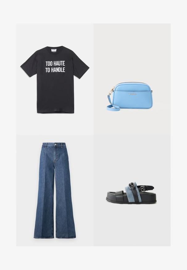 Black cotton t-shirt with short sleeves and round neckline, featuring white text that reads "TOO HAUTE TO HANDLE" on the front.; Wide-leg blue denim jeans with a high waist, featuring classic five-pocket styling and a button closure, made from textured cotton fabric.; Black and blue sandal with a thick platform, leather and denim material, adjustable buckle, and open-toe design.; Light blue leather crossbody bag with gold-tone hardware, zip closure, and a front pocket. Features an adjustable strap for convenience.