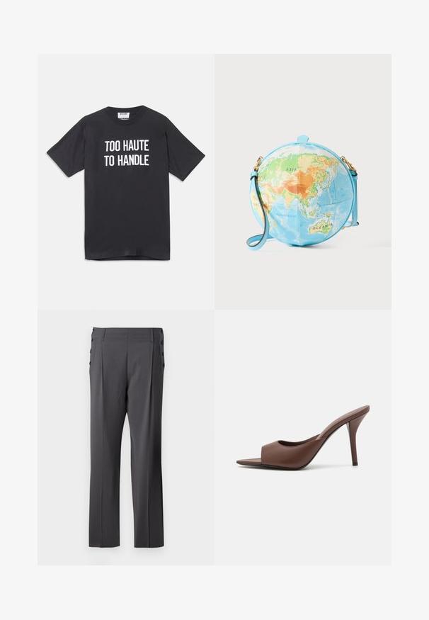 Čierne bavlnené tričko s krátkymi rukávmi a okrúhlym výstrihom, na prednej strane s bielym textom "TOO HAUTE TO HANDLE".; Šedé nadmerne nohavice s rovnou nohou, prednými skladmi a dekoračnými bočnými knoflíkmi pre prípadné detaily. Hladká textúra látky.; Hnedé kožené sandále na vysokom opätku s otvorenou špičkou a elegantným dizajnom, s širokým predným pásikom a štíhlou stiletto pätou.; Okругlá crossbody kabelka pripomínajúca glóbus, s svetlomodrým základom a detailnou mapou v zelených, oranžových a modrých tónoch; zlaté kovové detaily.