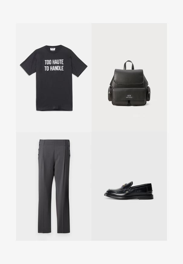 Black cotton t-shirt with short sleeves and round neckline, featuring white text that reads "TOO HAUTE TO HANDLE" on the front.; Gray tailored pants featuring a straight leg design, front pleats, and decorative side buttons for added detail. Smooth fabric texture.; Black leather loafer featuring a stitched design, a small front flap, and a flat rubber sole. Smooth texture with gold-tone hardware accent.; Black leather backpack with a flap closure, front pocket, side zipper compartments, and a top handle. Features logo detailing at the front.