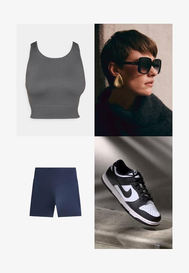 Grijze geribbelde crop top met een ronde halslijn en een aansluitende band aan de onderrand. Gemaakt van een stretchy stof voor comfort en bewegingsvrijheid.; Marineblauwe sportshorts van glad, lichtgewicht materiaal. Strak ontwerp met een hoge tailleband. Geen zichtbare patronen of hardware.; Zwart-witte Nike Dunk Low sneaker met een leren bovenwerk, geperforeerde neus, en zwarte veters, met een witte zool en logo-accenten.; Zwarte oversized zonnebril met donkere lenzen en gouden hardware, gecombineerd met een grote, glanzende gouden druppeloorbel. Donker gestructureerde sjaal.