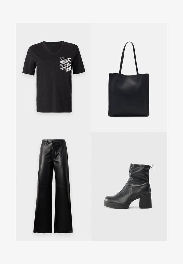 Black short-sleeve V-neck t-shirt made of cotton, featuring a white striped pattern on the left chest pocket area.; Black high-waist wide-leg faux leather pants with front button, zip closure, belt loops, and side pockets on white background.; Black ankle boots made of smooth leather, featuring a side zipper, chunky textured heel, and rounded toe design.; Black leather tote bag with smooth texture, rectangular shape, and two long handles. No visible hardware or embellishments.