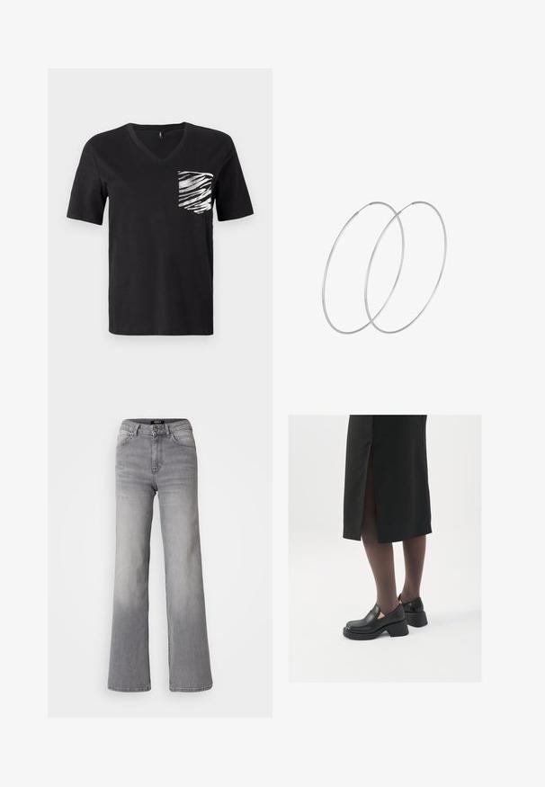Sort kortærmet V-hals t-shirt lavet af bomuld, med et hvidt stribet mønster på venstre brystlomme.; Højtaljede grå denim jeans med lige ben, med frontknap og lynlås, foran og bagpå lommer, samt nedtoning på lår og lægge.; Sorte lædersko med rund tå, kraftig blokhæl og elastiske sideaccentuer, parret med mørke strømpebukser og en sort nederdel med slids.; Sølvøreringe med et minimalistisk design. Cirkulær form, glat tekstur og tynd profil. Letvægtige med en poleret overflade.