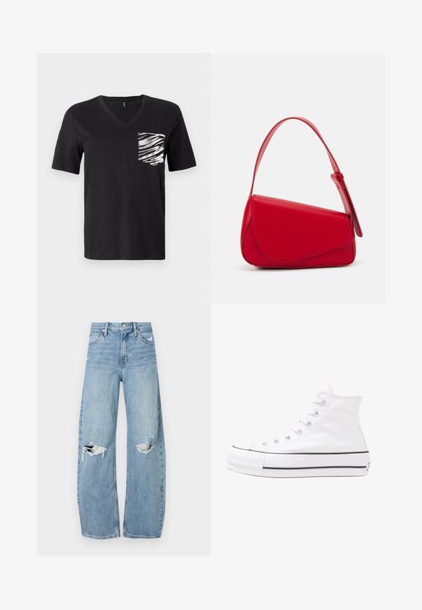 Črna kratkosleeve majica z V-izrezom, izdelana iz bombaža, z belim črtastim vzorcem na levem predelu žepe.; Svijetloplave traperice visoki struk. Imaju široke nogavice, dva poderana područja na koljenima i klasičan petotoksi stil.; Beli visoki platneni športni čevelj z črnim gumijastim podplatom, sprednjim gumijastim zaščitnikom za prste in šestimi luknjicami za vezalke, ki se ponaša s preprostim, minimalističnim dizajnom.; Rdeča usnjena torba z angularnim, geometrijskim dizajnom. Ima en samostoječ nastavljiv ročaj in pokrov, zaprt z zapiranjem, ki je okrašen s šivi.