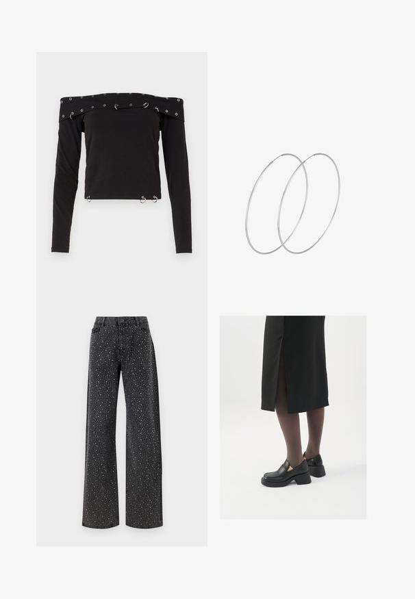 Črn dolg rokav majica z off-the-shoulder dizajnom, ki vsebuje srebrne okovice in obroče kot poudarke ob izrezu in robu.; Noisy May NMJANNEL LOOSE - Široke kavbojke - black denim; Črne usnjene čevlje s zaobljenim prstom, debelim blokastim petama in elastičnimi stranskimi detajli, v kombinaciji s temno nogavicami in črno krilo z razporkom.; Srebrne uhane v obliki obroča z minimalističnim dizajnom. Krožna oblika, gladka tekstura in tanek profil. Lahki s poliranim zaključkom.