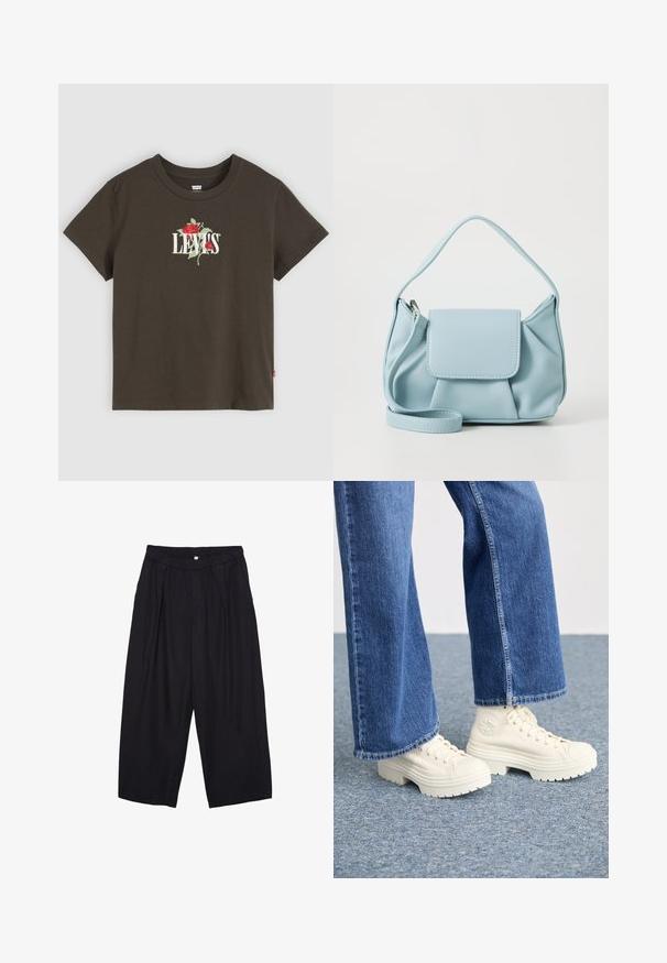 Rjava bombažna majica s kratkimi rokavi, na sprednji strani z belo napisano "LEVI'S" in vezenim rdečim vrtnicam. Klasičen okrogel izrez.; Črne poliesterske culotte hlače z elastičnim pasom, dvema sprednjima nabiranjema in ohlapnim krojem. Brez vidnih vzorcev ali kovinskih detajlov.; Bele zimske superge z debelimi, rebrastimi podplati in krožnim logotipom, oblečene z svetlo modrimi, širokimi kavbojkami.; Svetlo modra usnjena torbica z zgornjim ročajem, sprednjim žepom s preklopom in odstranljivim zapestnim trakom na beli podlagi.