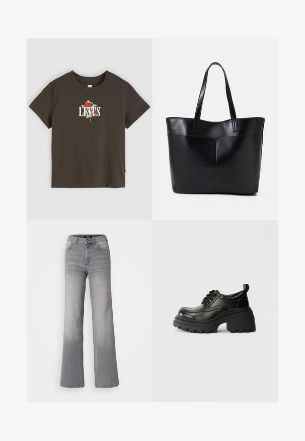 Hnedé bavlnené tričko s krátkym rukávom, na prednej strane s bielym nápisom "LEVI'S" a červenou výšivkou ruže. Klasický okrúhly výstrih.; Džínsy z šedej denimu s vysokým pásom a rovnými nohavicami, s predným gombíkom a zipsom, prednými a zadnými vreckami, a vybledlým tieňovaním na stehnách a lýtkach.; Čierne kožené šnurovacie topánky s okrúhlou špicou, hrubou štruktúrovanou podrážkou a hrubým podpätkom. Na zadnej strane sa nachádza pútko pre jednoduché obúvanie.; Čierna kožená tote taška s dvoma dlhými rúčkami, hladkým povrchom a štruktúrovaným tvarom. Obsahuje prednú kapsu pre dodatočné uskladnenie.