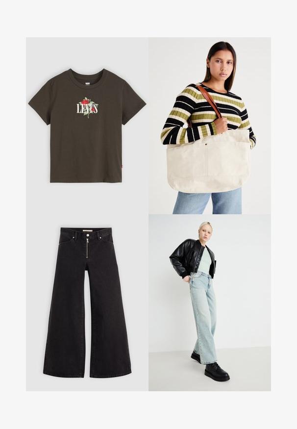 Brown cotton short-sleeve t-shirt featuring white "LEVI'S" text and red rose embroidery on the front. Classic crew neck design.; Wide-leg jeans in black denim with a zippered front, five-pocket design, and subtle stitching details. Smooth texture and casual style.; Black leather bomber jacket, mint green shirt, light blue wide-leg jeans, and black lace-up shoes, set against a minimal background.; Large beige canvas tote bag with brown leather straps, featuring a minimal design and visible stitching accents.
