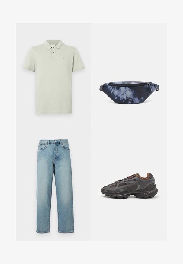 Lys grønn polo skjorte laget av myk stoff, med klassisk krage, to-knapps placket, korte ermer, og en liten logo på brystet.; Lys blå denimjeans med løs passform, rette ben, fem-lomme-design og knappelukking i livet. Minimalistisk sømdetalj.; Lacoste-sneakers i mørkegrått med mesh- og syntetisk materiale, med en teksturert såle og brune detaljer på kragen og merket.; Mindre sekk i mørkeblå tie-dye mønster med glidelås på toppen, teksturert materiale og en fremtredende logo detalj på fronten.