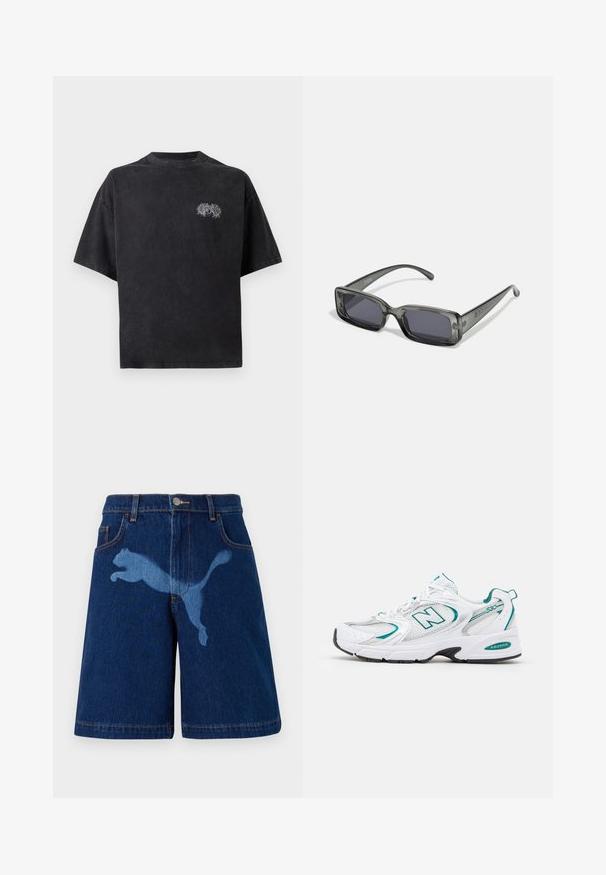 Melna pārpasaules T-krekls, kas izgatavots no kokvilnas, ar apaļu kaklu. Iezīmēta ar balto izšūtā dizainu kreisajā krūtīs. Īsas piedurknes.; Tumši zilie džinsi šorti ar gaiši zilas krāsas lecoša kaķa siluetu. Klasisks dizains ar piecām kabatām un redzamām šuvēm.; Baltās sporta kurpes ar sietveida un sintētiskām paneļiem, tirkīza akcentiem, noapaļota purngala daļa, auklu aizdare priekšpusē un melna gumijas zole.; Taisnstūrveida saulesbrilles ar caurspīdīgu tumši pelēku rāmi, tumšiem stikliem un šaurām kājām. Ievērojama logo detaļa uz rāmja.