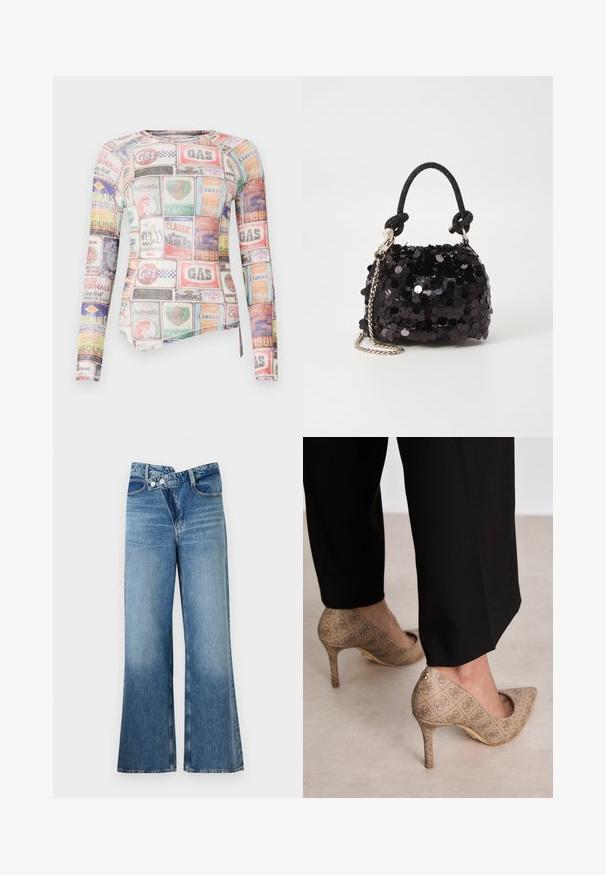 Ilgų rankovių prigludusi marška, turinti daugybę spalvotų prekės ženklų etiketėmis ir logotipais ant lygaus audinio su apvaliu iškirpimu.; Šviesiai mėlynos džinsinės kelnes platėjančios apačios, aukštu liemeniu, su dviem saga ir priekinių kišenių detalėmis. Medžiaga turi išblukusį tekstūrą su subtiliais skirtumais.; Smėliniai aukštakulniai bateliai su tekstūruotu audiniu, kuriame yra pasikartojanti tekstūra. Išgaubtas pirštas, su užpakaline akcentu ir auksiniu kulno detaliu.; Juodas blizgučių mini rankinukas su mazguotu tekstūruotu dirželiu ir sidabro grandine. Suapvalinta forma su susiraukšlėtopu ir atspindinčiomis detalėmis.