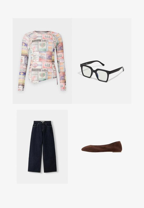 Dug dugak majica s dugim rukavima koja sadrži višebojni kolaž brand oznaka i logoa na glatkom materijalu s okruglim izrezom.; Tamno plavi traper široki traperice viskog struka, s pet džepova, kontrastnim šavovima i srebrnim metalnim detaljima. Glatka tekstura i čista obrada.; Smeđe zamršene balerinke s oštrim vrhom, ravnim potplatom i glatkom teksturom. Elegantan dizajn bez vidljive hardverske opreme ili ukrasa.; Crne sunčane naočale s mat finishem, s transparentnim lećama i blagim plavim tonom s jedne strane. Robustan, angularan dizajn.; Smeđa i krem torba preko ramena od kravljeg krzna sa glatkim kožnim remenom, zatvaranjem na patentni zatvarač i mekom, teksturiranom površinom koja sadrži prirodan uzorak.