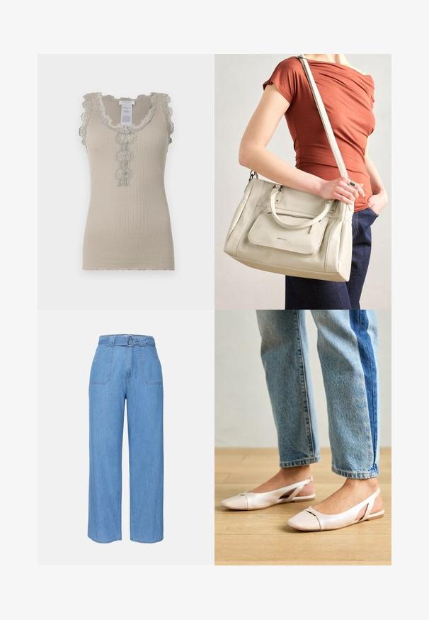 Bež suknjič s rebrastim uzorkom, ukrašen krojem od čipke s valovitim rubom i zatvaranjem na gumbe. Sadrži delikatne cvjetne uzorke duž dekoltea i središnjeg dijela.; Svijetloplave traper široke hlače s pojasom, dva prednja đepa i jednostavnu teksturu. Karakterizira ih minimalistički dizajn i čiste linije.; Svijetlo ružičaste slingback balerinke s šiljastim vrhom, izrađene od glatkog materijala nalik koži. Sadrže izrezane detalje sa strane i ravnu petu.; Bijela kožna torba s dvije ručke i odvojivim remenom, s prednjim zatvornim džepom i glatkom teksturom. Drži se na ruci osobe.