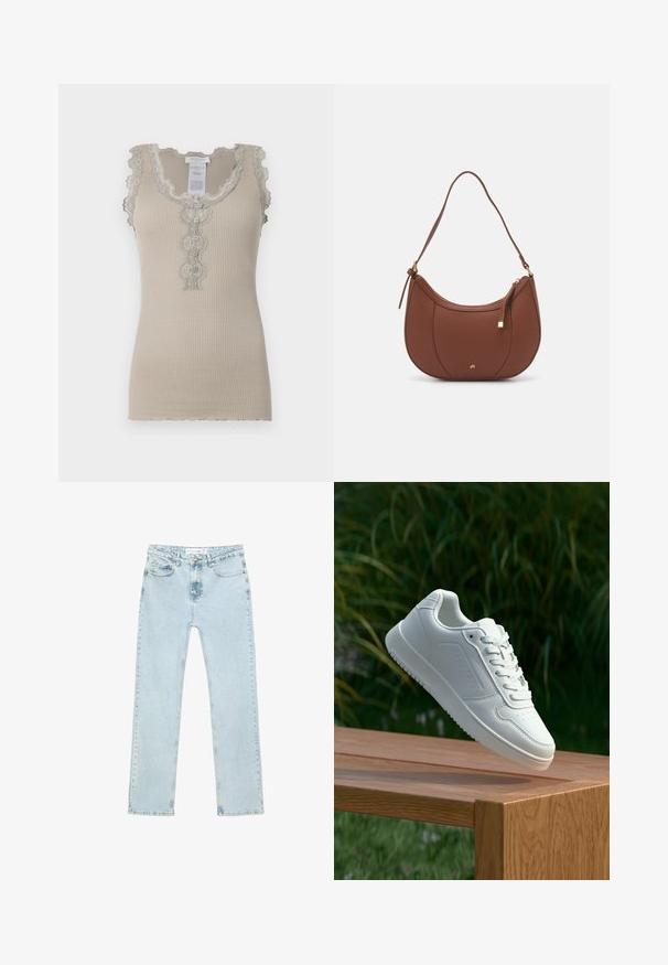 Beige ribbed tank top with scalloped lace trim and button closure. Features delicate floral patterns along the neckline and center.; Light blue straight-leg jeans made of denim. Features front pockets, a zip-fly with a button, and visible stitching along the seams.; White sneaker with a smooth synthetic upper, perforated toe box, flat laces, and a textured sole, displayed on a wooden surface.; Brown faux leather shoulder bag with curved shape, minimal stitching, and a gold-tone hardware accent. Features a top zipper closure and adjustable strap.