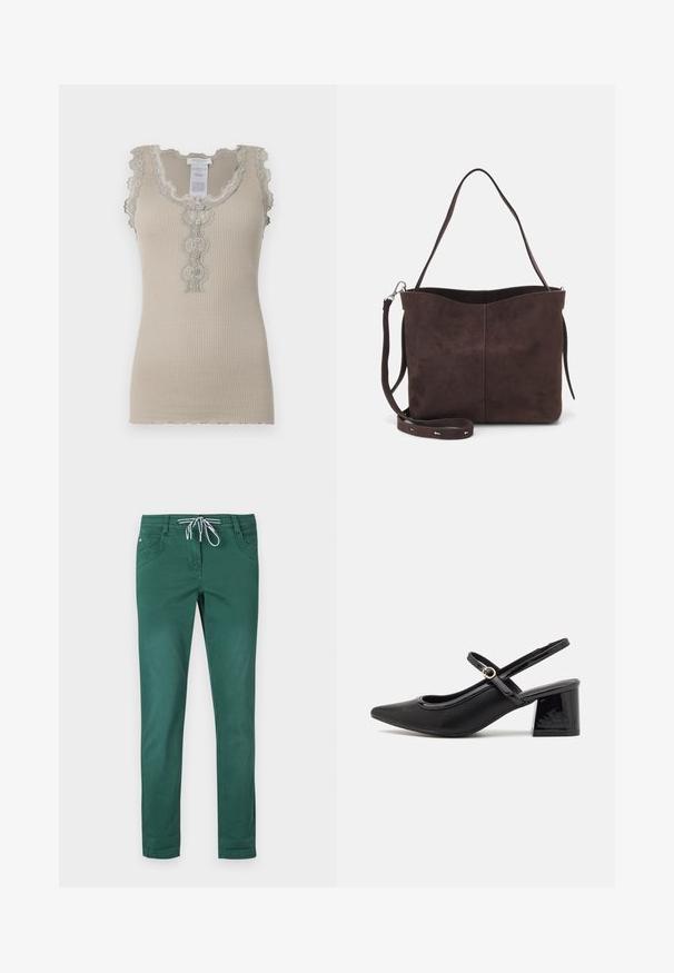 Beige geripptes Tanktop mit gewelltem Spitzensaum und Knopfverschluss. Verfügt über zarte Blumenmuster entlang des Ausschnitts und der Mitte.; Grüne Baumwollmischungshose mit geradem Bein, Kordelzugbund und zwei frontalen Taschen. Glatte Textur und keine Muster.; Schwarze Lackleder-Slingback-Absätze mit spitzer Zehenform, einem runden Ausschnitt-Design und einem Blockabsatz. Mit einem goldfarbenen Schnallenakzent.; Braune Wildleder-Tasche mit weicher Textur, ausgestattet mit einem einzelnen Schulterriemen und einer dezenten, gewölbten Öffnung an der Oberseite. Keine sichtbaren Beschläge.