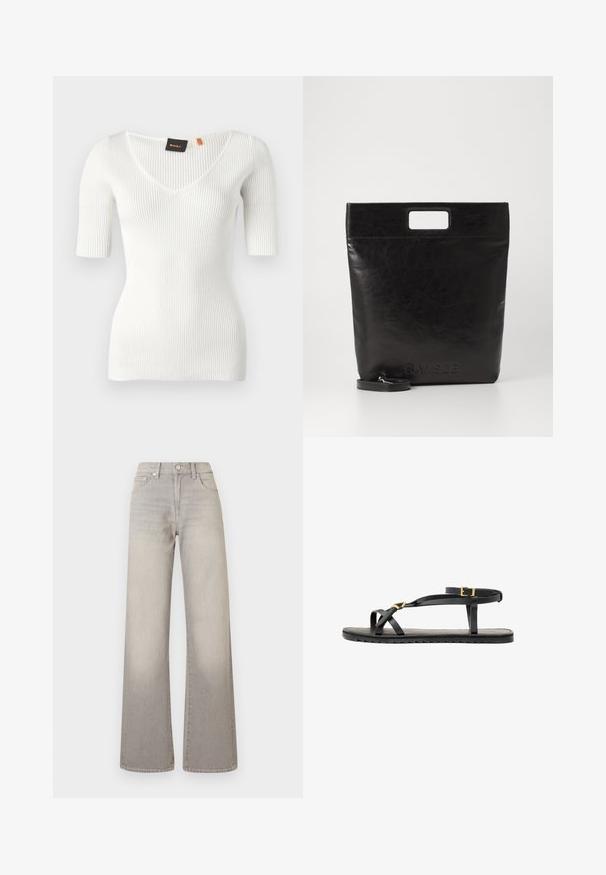 White ribbed short-sleeve top with a V-neck and fitted design. Features subtle texture and a small orange label on the neckline.; Gray wide-leg jeans with a faded finish, button closure, five-pocket design, and stitched detailing along the seams.; Black leather sandals with thin straps and a buckled ankle strap. Flat sole with a textured finish and zigzag edge. Minimalist design.; Black leather tote bag with a square handle, featuring a textured finish and embossed logo. Includes a detachable strap.