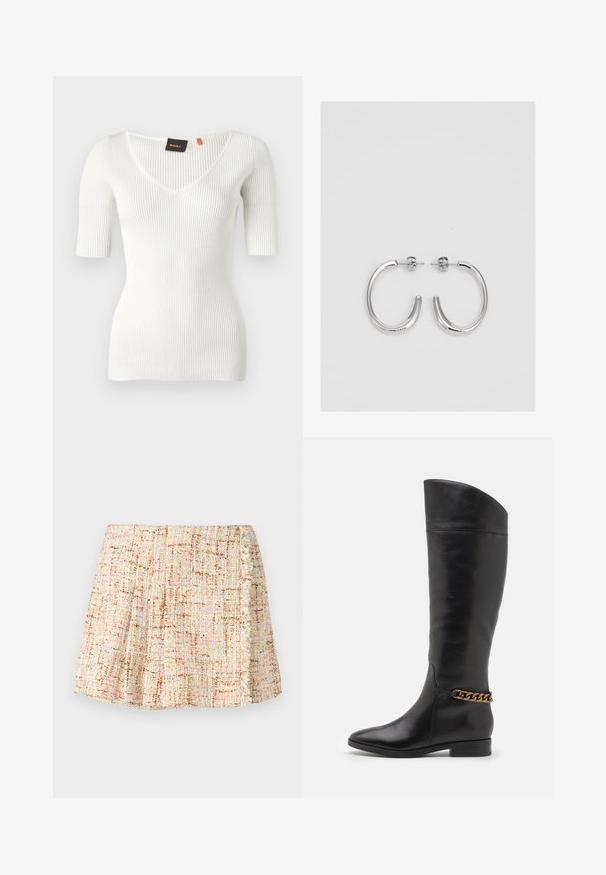 Balts ribu topi ar īsām piedurknēm, ar V veida izgriezumu un pieguļošu piegriezumu. Iezīmējas ar smalku tekstūru un mazu oranžu uzlīmi uz kakla izgriezuma.; Īss, krokotais svārks, izgatavots no teksturēta auduma neitrālās krāsās ar smalkiem krāsas plankumiem. Sānos ir frizēta apdare.; Augstas melnas ādas zābaki ar plūstošu dizainu, pointētām purngalēm un zelta ķēdes akcentu ap potīti. Zems bloku papēdis. Gluda tekstūra.; Sudraba stīpas auskari ar gludu, spīdīgu virsmu, izceļas ar izliektaveida formu un aizdari ar tapu. Minimālistisks dizains ar mūsdienīgu apdari.