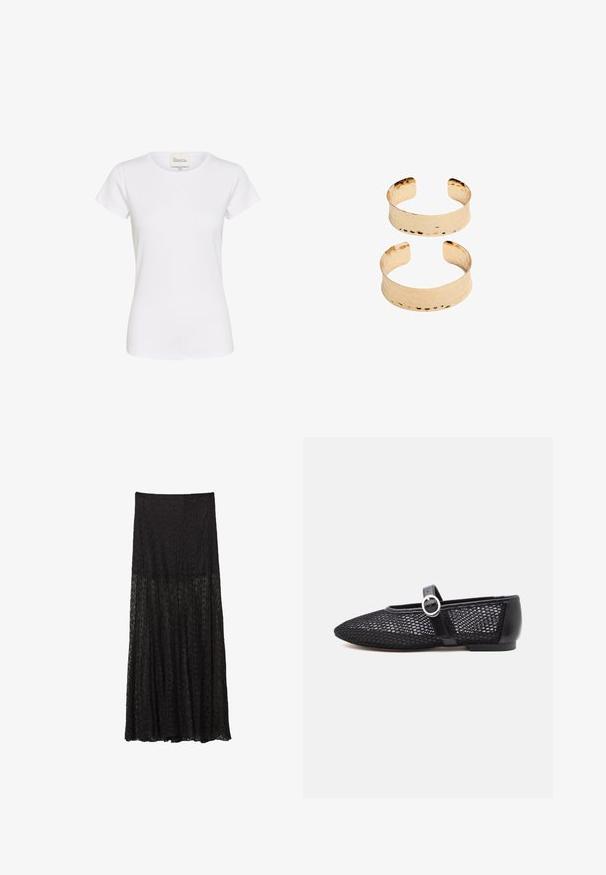 Bela kratka majica z dolgimi rokavi iz mehkega bombaža, s krožnim izrezom in subtilnim vezenim logotipom na prsih. Klasična prilegajoča oblika.; Črna čipkasta maksi krila s plastastim dizajnom, teksturiranim vzorcem in ohlapno silhueto. Elastičen pas za prilagodljivo prileganje.; Črne mrežaste Mary Jane balerinke s zaobljenim prstom, nastavljivim paščkom, srebrnim zaponko in trdno peto na beli podlagi.; Zlato obarvani kovinski manšetni z neenakomerno teksturo, s odprto zasnovo in gladkimi robovi. Prikazane sta dve velikosti: ena širša, druga ožja.