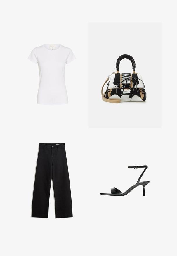 T-shirt bianco a maniche corte realizzato in cotone morbido, con colletto rotondo e logo ricamato discreto sul petto. Forma classica aderente.; Pantaloni in denim neri a gamba larga con vita alta, dotati di tasche anteriori e posteriori, cuciture a punto, e chiusura con bottone. Texture liscia.; Bershka Sandali con tacco - black; Borsa multicolore con rete nera, bianca e beige. Presenta un manico testurizzato, un design con lacci e una tracolla rimovibile.