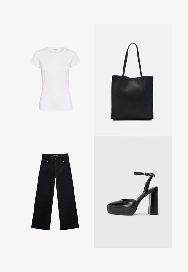 Vit kortärmad T-shirt i mjuk bomull, med rundad hals och subtilt broderad logotyp på bröstet. Klassisk figurnära passform.; Svart vida jeans med hög midja, med två framfickor och metalldetaljer i form av knappar. Tyget har en mjuk textur.; Svarta plattformsskor med spetsig tå och justerbart vristband. Tillverkade av mjukt läder, med en kraftig blockklack.; Svart lädertoffelväska med slät textur, rektangulär form och två långa handtag. Ingen synlig hårdvara eller dekorationer.