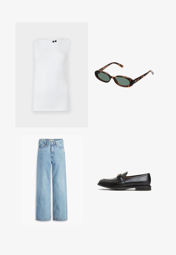 Top blanco sin mangas hecho de una tela suave, con un escote redondo y una silueta ajustada sin patrones ni acentos visibles.; Jeans de pierna ancha de talle alto, de un azul claro, con botón y cremallera en el frente, lazos para cinturón y estilo de cinco bolsillos.; Mocasín de cuero negro con punta redondeada, diseño sutil y un acento de hardware en tono dorado en la parte delantera. Suela de goma plana.; Gafas de sol de carey con montura ovalada y lentes verdes. Presentan brazos delgados con un detalle metálico cerca de las bisagras.