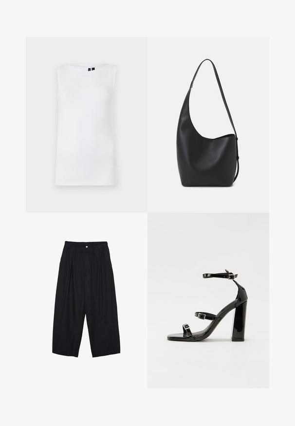 Bílý bezrukávový top vyrobený z hladké látky, s kulatým výstřihem a přiléhavým střihem, bez viditelných vzorů nebo akcentů.; Černé polyesterové culotte kalhoty s elastickým pasem, dvěma předními sklady a volným siluetou. Žádné viditelné vzory ani kovové detaily.; Černé lakované sandály na podpatku se čtveratou špičkou, lýtkovými pásky a stříbrnými přezkami. Disponují masivním blokovým podpatkem pro stabilitu.; Černá kožená hobo taška s hladkým povrchem, zakřiveným tvarem a jedním nastavitelným popruhem; má široké otevírání nahoře.