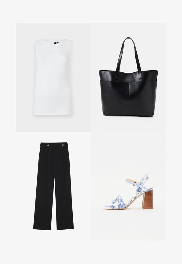 White sleeveless top made of smooth fabric, featuring a round neckline and a fitted silhouette with no visible patterns or accents.; Black wide-leg trousers with high waist, button details on waistband, and front pleats.; Blue floral-printed sandal with a square toe, a wide strap, and an adjustable ankle strap, featuring a textured wooden block heel.; Black leather tote bag with two long handles, a smooth texture, and a structured shape. Features a front pocket for additional storage.