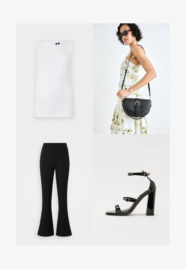 Fehér ujjatlan felső, sima anyagból készült, kerek nyakkivágással és testhezálló siluettel, látható minták vagy díszítések nélkül.; Fekete harangszárú nadrág rugalmas anyagból, sima felülettel, magas derékkal, és varrásdíszítéssel az elején.; Fekete lakk magas sarkú szandál négyzet alakú orral, bokapántokkal és ezüst csatokat tartalmaz. Masszív blokk sarka a stabilitásért felel.; Fekete bőrtáska ívelt formával, levehető pánttal és arany színű fémrészekkel. A táskán egy csattal díszített fedél található.