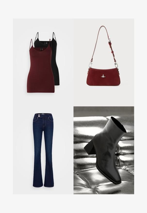 Zestaw dwóch topów na ramiączkach: jeden w ciemnym burgundzie, a drugi w czerni. Wykonane z miękkiego, elastycznego materiału z cienkimi ramiączkami i dekoltem w serek.; Szara koszula z długim rękawem, w pionowe białe paski, z kołnierzykiem i zamkiem z przodu. Posiada dopasowany krój oraz zaokrąglony dół.; Granatowe dżinsy w fasonie dzwonów z wysokim stanem, dwiema przednimi kieszeniami oraz dwoma zapięciami na guziki. Wykonane z denimowej tkaniny o gładkiej fakturze.; Czarne botki za kostkę wykonane z błyszczącego materiału, z kwadratowym noskiem i zwężającym się obcasem, na tle błyszczącego srebrnego tapicerowanego tła.; Czerwona zamszowa torba na ramię o wyprofilowanym kształcie. Posiada srebrny akcent oraz regulowany pasek z detalami ze stali. Gładka tekstura.