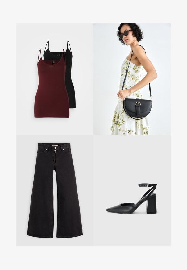 Confezione di due canottiere: una in borgogna scuro e una nera. Realizzate in un tessuto morbido e elasticizzato, con sottili spalline a spaghetto e design a scollo a V.; Jeans a gamba larga in denim nero con chiusura a zip, design a cinque tasche e dettagli di cucitura sottili. Texture morbida e stile casual.; Pump in pelle nera con punta affusolata, cinturino alla caviglia e tacco spesso. Texture piatta, design elegante ed estetica minimalista.; Borsa a tracolla nera in pelle con una forma curva, manico rimovibile e accessori dorati. La borsa presenta una patta con un dettaglio a fibbia.