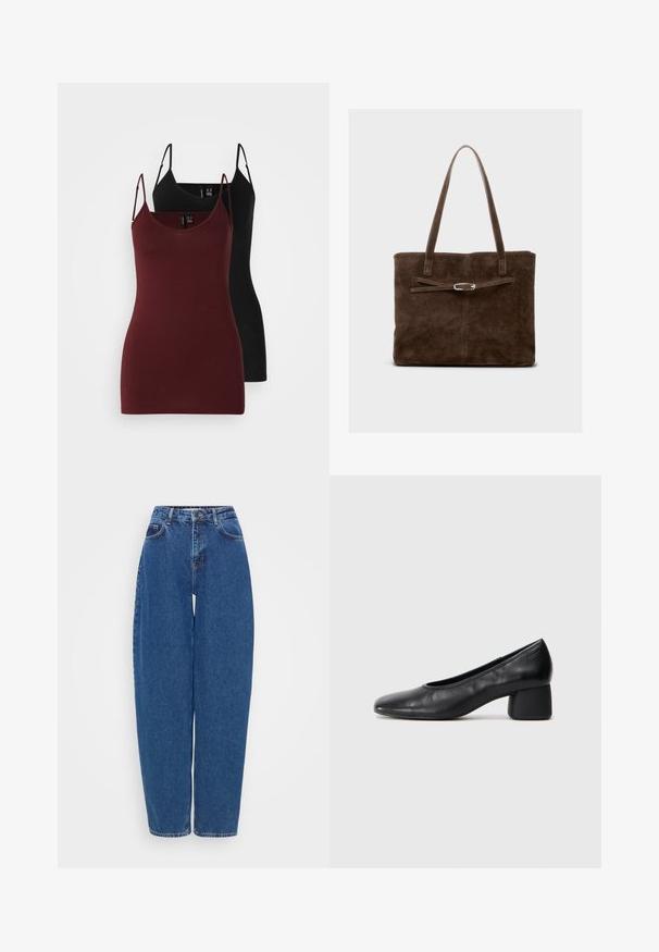 Set van twee tanktops: één in donker bordeaux en één in zwart. Gemaakt van zachte, rekbare stof met dunne spaghettibandjes en een V-hals ontwerp.; Blauwe denimjeans met een losse pasvorm, hoge taille en een recht beenontwerp. Kenmerkt zich door traditionele stiksels en vijf zakken.; Zwarte leren pump met een ronde neus en een middenblokhak. Glad textuur met minimale details, voorzien van een subtiele elastische opening.; Bruine suede tote bag met lange handvatten, met een vlakke body en een decoratieve riem met een zilveren hardware accent.; Zilveren oorbellen in de vorm van een gladde, gepolijste ring. Ronde vorm met een veilige kliksluiting. Lichtgewicht ontwerp, geschikt voor dagelijks gebruik.