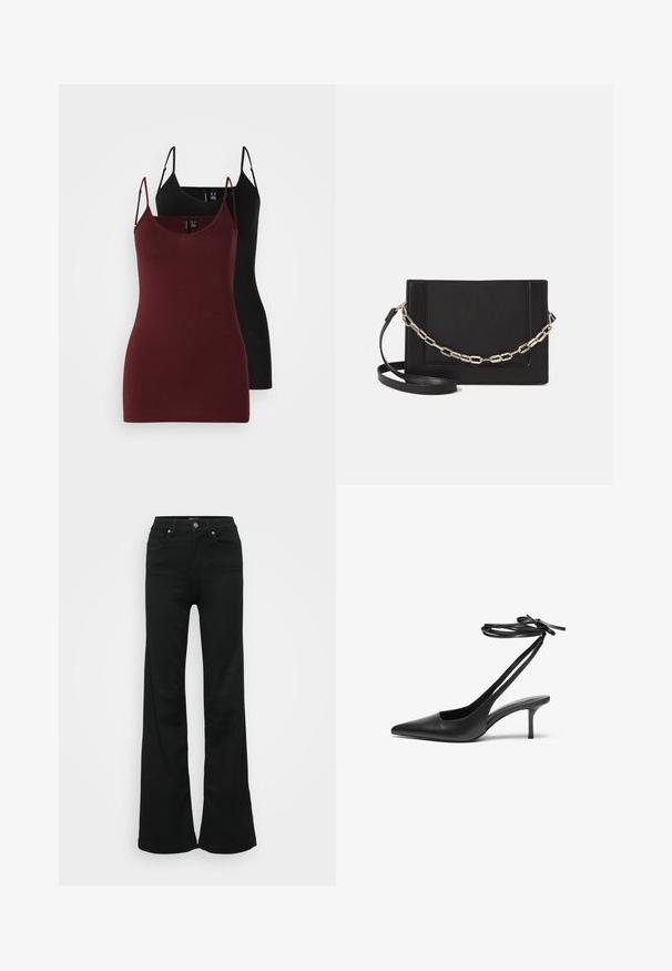 Pack of two tank tops: one in dark burgundy and one in black. Made of soft, stretchable fabric with thin spaghetti straps and a v-neck design.; Black flared jeans made from denim, featuring a high waist, five pockets, and metal button closure. Smooth texture with minimal detailing.; Black leather stiletto shoe with a pointed toe, open back, and ankle straps tied in a bow. Slim 3-inch heel. Smooth texture, minimalist design.; Black leather crossbody bag featuring a smooth texture, rectangular shape, and a metallic chain detail on the front. Adjustable strap included.