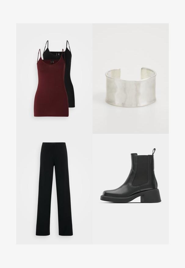 Confezione di due canottiere: una in borgogna scuro e una nera. Realizzate in un tessuto morbido e elasticizzato, con sottili spalline a spaghetto e design a scollo a V.; Vero Moda Tall VMBERLIN ZAMIRA WIDE - Pantaloni - black; Stivaletti neri in pelle con pannelli laterali elastici, punta arrotondata e tacco a blocco spesso. Texture liscia con un design minimalista.; Zign Bracciale - silver-coloured