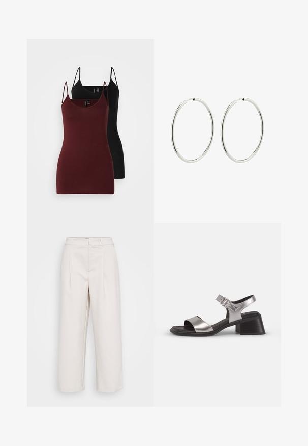 Pack of two tank tops: one in dark burgundy and one in black. Made of soft, stretchable fabric with thin spaghetti straps and a v-neck design.; Beige wide-leg trousers with a tailored design, featuring box pleats, a smooth texture, and a standard waistband.; Silver leather sandals with an open toe, featuring a wide front strap, ankle strap with buckle, and a medium block heel.; Silver hoop earrings with a smooth, polished finish. Circular shape, consistent width, designed for easy fastening. Simple and elegant.