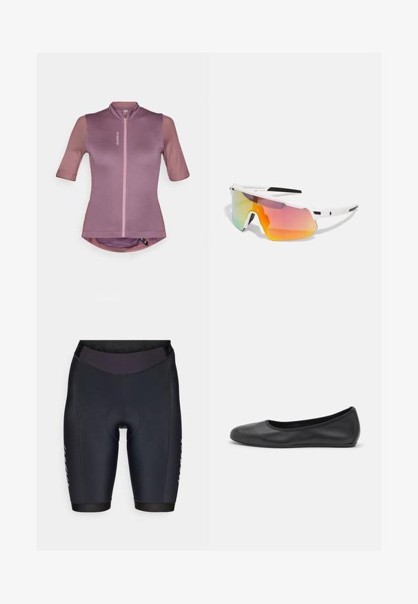 Maillot de cyclisme à manches courtes en violet clair, doté d'une fermeture éclair à l'avant, de manches texturées en contraste et d'un ourlet arrondi pour plus de mobilité.; Shorts de cyclisme noirs au design ajusté, fabriqués en tissu élastique lisse, avec une taille bien ajustée et un rembourrage renforcé au niveau du siège.; Ballerines en cuir noir avec un bout rond, texture lisse, détails de couture minimalistes et design de semelle flexible.; Sweet Protection SHINOBI UNISEX - Lunettes de soleil - rig topaz/satin white