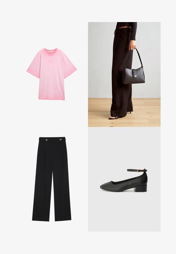 Rožinė, per didelė T marškinėlių, pagaminta iš minkštos medvilnės. Yra apvalus kaklas ir trumpi rankovės, su užrašu "GERI DALYKAI AUGA" atspausdintu priekyje.; Juodi plačios kojos kelnės su aukštu liemeniu, sagų detalėmis ant liemens ir priekinėmis raukšlėmis.; Juodas odinis aukštakulnis batelis su smailiu pirštu ir žemu bloku. Su kulkšnies dirželiu su auksinės spalvos sagtimi. Lygus paviršius.; Juodas rankinė struktūrizuota forma, lygi tekstūra ir metalinis užsegimas. Suporuota su plačiomis juodomis kelnėmis ir atvirais bateliais ant medinių grindų.