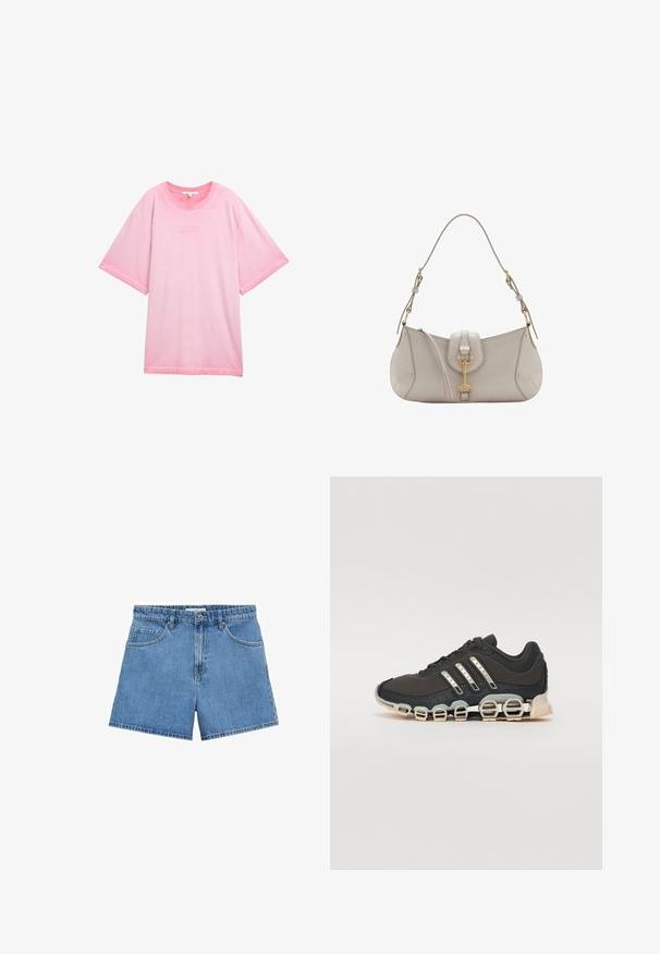 Lyserød oversized T-shirt lavet af blødt bomuld. Har en rund halsudskæring og korte ærmer med teksten "GODE TING VOKSER" trykt på fronten.; Lyseblå denimshorts med høj talje, fem lomme-design og knaplukning. Lige snit med en ren kant.; Sort træningssko med en tekstureret overdel, tre sølvstriber og en karakteristisk støttende sål med flere integrerede sektioner.; Lys grå lædertaske med en buet form, guldhardware, en lås foran og syede detaljer. Justerbar skulderrem inkluderet.