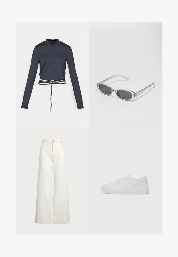 Tengerészkék, cropped, hosszúujjú felső, magas gallérral és deréknál állítható megkötővel. Simító, rugalmas anyag, testhezálló kialakítással.; Széles szárú farmernadrág off-white denim anyagból. Magas derekú dizájn, gombos záródással, két elülső zsebbel és kontrasztos varrási részletekkel.; Fehér bőr sportcipő lapos fűzőkkel, kerek orral és finom varrási részletekkel. Bordázott talppal és dombornyomott márkainszigniával a sarokon.; Ovális formájú napszemüveg, átlátszó műanyag keret, sötétszürke lencsék és vékony, átlátszó szárak, logóakkcentussal és minimális díszítéssel.