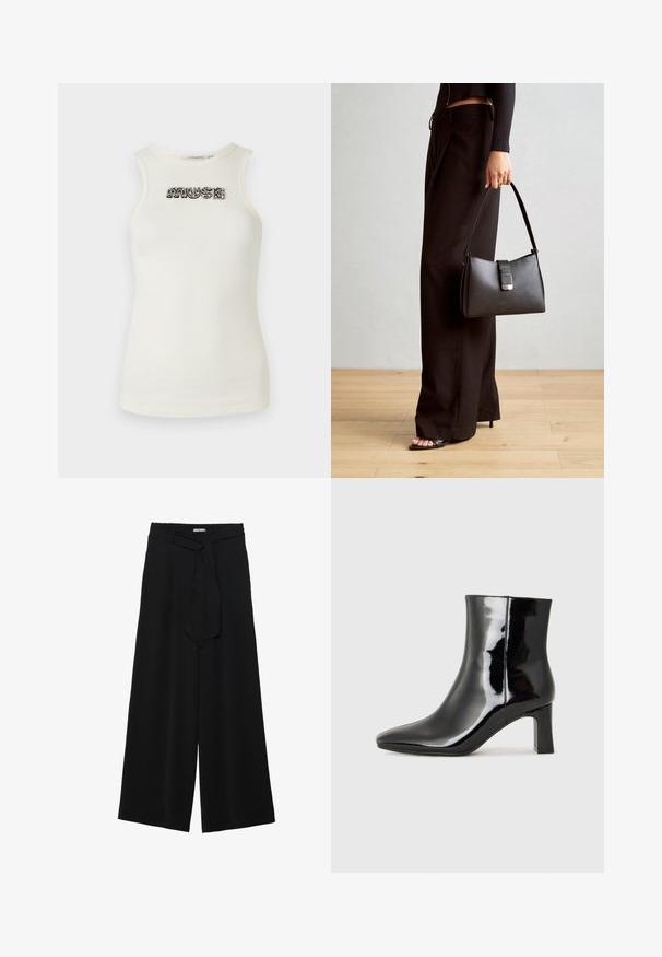 Top senza maniche di colore crema realizzato in materiale a coste, con lettering in nero e argento decorato con gioielli che forma la parola "MUSE" sul davanti.; Pantaloni neri a gamba larga caratterizzati da un tessuto testurizzato, una vita elastica e una cintura staccabile per una vestibilità regolabile.; Stivaletto in pelle verniciata nera con punta a punta e tacco a blocco di altezza media. Texture liscia e design minimalista.; Borsa nera con forma strutturata, texture liscia e una chiusura metallica. Abbinata a pantaloni neri larghi e sandali open-toe su un pavimento in legno.