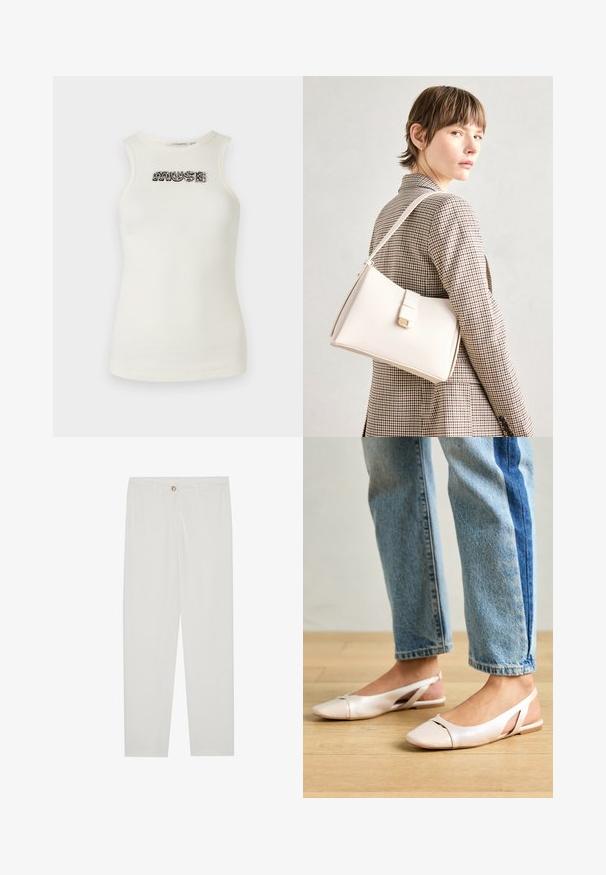 Camiseta sin mangas de color crema hecha de material acanalado, con letras de joyería negra y plateada que deletrean "MUSE" en el frente.; Pantalones blancos, ajustados, con un diseño de pierna recta, que cuentan con un cierre de botón, lazos para cinturón y bolsillos laterales; textura de tela suave.; Bailarinas de color rosa pálido con tiras traseras y punta puntiaguda, fabricadas con un material similar al cuero suave. Presentan detalles recortados en los laterales y un tacón plano.; Bolso de mano de cuero blanco con un diseño estructurado, que presenta un cierre magnético y una correa para el hombro, exhibido sobre un fondo neutro.