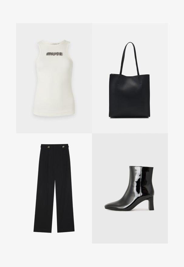 Débardeur crème en matière côtelée, ornée de lettres en bijoux noir et argent qui épellent "MUSE" sur le devant.; Pantalons larges noirs à taille haute, avec des détails de boutons à la taille et des plis sur le devant.; Bottines en cuir verni noir avec un bout pointu et un talon block de hauteur moyenne. Texture lisse et design minimaliste.; Sac fourre-tout en cuir noir avec une texture lisse, de forme rectangulaire et deux longues poignées. Pas de matériel ou d'ornementations visibles.
