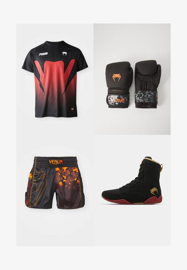 Must ja punane lühikeste varrukatega T-särk geomeetrilise mustriga, mille rinnal on suur punane graafika ja logo.; Mustmust ja oranžid Venum'i lühikesed püksid, millel on läikiv viimistlus, kontrastsed kamoflaažmustrid ja elastne vöökoht logode detailidega.; Korkeatutine sportlik king, musta võrkkangaga ja sünteetilisest materjalist, tekstuursete detailidega, punase kummitaldiga ja kuldsete aktsentidega pahkluu piirkonnas.; Mustavad krossimise kinnased, millel on mati viimistlusega ja ergonoomiline disain. Oranž logo detail ja kamuflaažimuster randmetrasside peal.