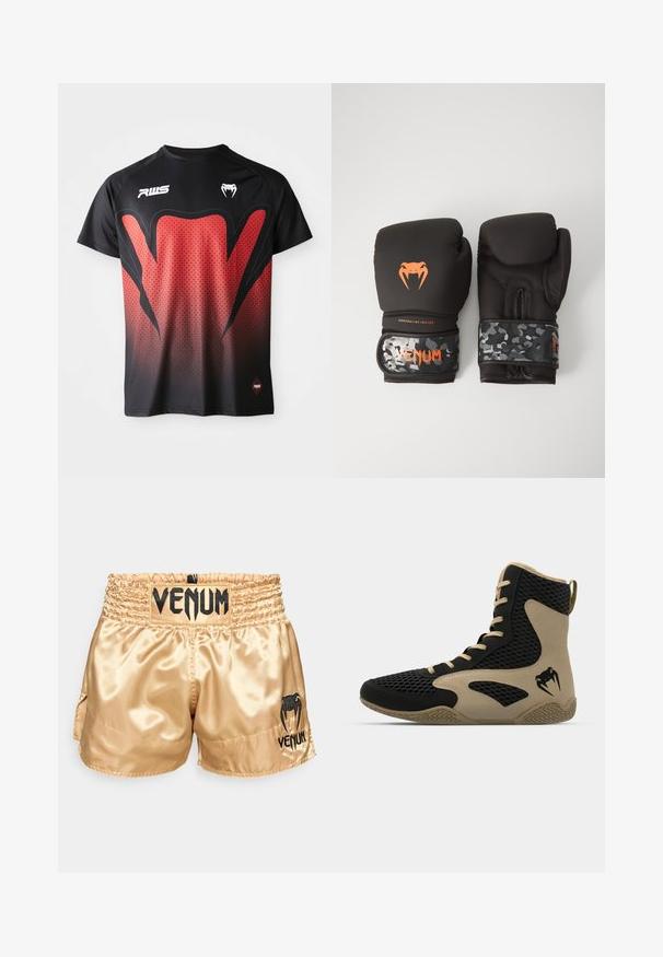 Camiseta corta de manga en negro y rojo con un patrón geométrico, que presenta un gran gráfico rojo y un logo en el pecho.; Pantalones cortos de boxeo de satén dorado con el logo negro "VENUM" en la cinturilla y en los laterales, que presentan una textura suave y una cinta elástica en la cintura para mayor comodidad.; Zapatilla deportiva de caña alta con un exterior de malla negra y acentos en beige. Suela de goma texturizada y detalle del logotipo en el costado.; Guantes de boxeo negros con acabado mate y diseño ergonómico. Detalles del logo en naranja y tiras de muñeca con patrón de camuflaje.